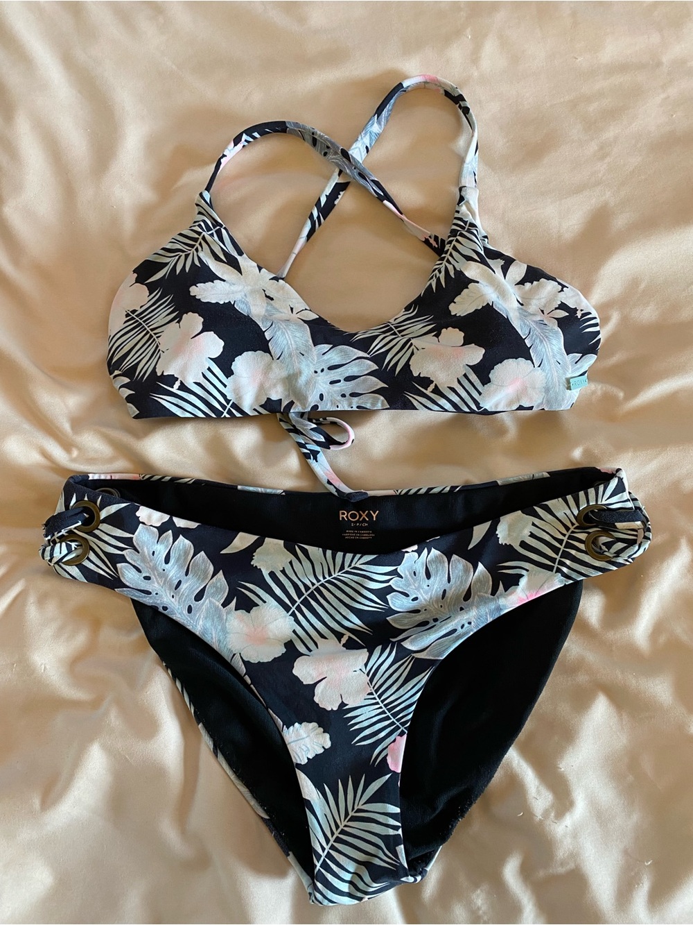 Roxy Black Bikini with Mint and Pale Pink Tropical Print